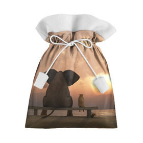 Подарочный 3D мешок с принтом Слон с собакой на лавке, закат в Кировске, 100% полиэстер | Размер: 29*39 см | Тематика изображения на принте: 