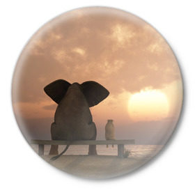 Значок с принтом Слон с собакой на лавке, закат в Кировске,  металл | круглая форма, металлическая застежка в виде булавки | 