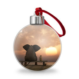 Ёлочный шар с принтом Слон с собакой на лавке, закат в Кировске, Пластик | Диаметр: 77 мм | Тематика изображения на принте: 