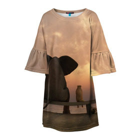 Детское платье 3D с принтом Слон с собакой на лавке, закат в Кировске, 100% полиэстер | прямой силуэт, чуть расширенный к низу. Круглая горловина, на рукавах — воланы | 