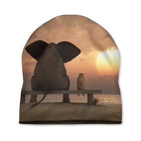 Шапка 3D с принтом Слон с собакой на лавке, закат в Кировске, 100% полиэстер | универсальный размер, печать по всей поверхности изделия | 
