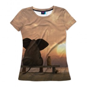 Женская футболка 3D с принтом Слон с собакой на лавке, закат в Кировске, 100% полиэфир ( синтетическое хлопкоподобное полотно) | прямой крой, круглый вырез горловины, длина до линии бедер | 