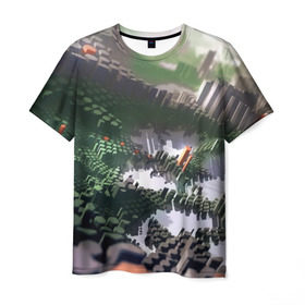 Мужская футболка 3D с принтом Объемный эквалайзер в Кировске, 100% полиэфир | прямой крой, круглый вырез горловины, длина до линии бедер | 3д | графика | зеленый | объемный | оранжевый | эквалайзер