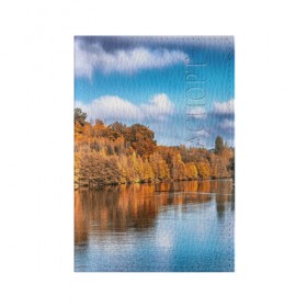 Обложка для паспорта матовая кожа с принтом Река в Кировске, натуральная матовая кожа | размер 19,3 х 13,7 см; прозрачные пластиковые крепления | берег | вода | деревья | лес | небо | осень | природа | река