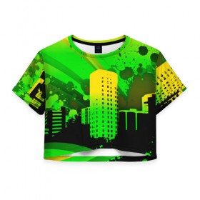 Женская футболка 3D укороченная с принтом Город в красках в Кировске, 100% полиэстер | круглая горловина, длина футболки до линии талии, рукава с отворотами | Тематика изображения на принте: 3d | город | другие | зеленый | картинка | красивые | краски | прикольные | пятна | радуга | свет | цветные | яркие