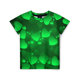 Детская футболка 3D с принтом Зеленые сердечки в Кировске, 100% гипоаллергенный полиэфир | прямой крой, круглый вырез горловины, длина до линии бедер, чуть спущенное плечо, ткань немного тянется | 14 февраля | 3d | день святого валентина | другие | зеленые | картинки | красивые | любовь | праздник | прикольные | сердечки | текстуры | яркие