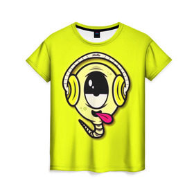 Женская футболка 3D с принтом Музыкальный червячок в Кировске, 100% полиэфир ( синтетическое хлопкоподобное полотно) | прямой крой, круглый вырез горловины, длина до линии бедер | 3d | другие | желтый | картинка | минимализм | музыка | наушники | прикол | прикольные | смешно | смешные | цветные | червяк | язык | яркие
