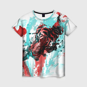 Женская футболка 3D с принтом Тигр в Кировске, 100% полиэфир ( синтетическое хлопкоподобное полотно) | прямой крой, круглый вырез горловины, длина до линии бедер | акварель | картина | кошка | краски | рисунок | тигр