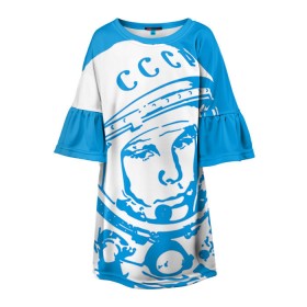 Детское платье 3D с принтом Гагарин 1 в Кировске, 100% полиэстер | прямой силуэт, чуть расширенный к низу. Круглая горловина, на рукавах — воланы | гагарин | день космонавтики | звезды | космос