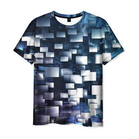 Мужская футболка 3D с принтом 3D куб в Кировске, 100% полиэфир | прямой крой, круглый вырез горловины, длина до линии бедер | абстракция | геометрия | квадраты | металлический | синие | стальные | текстура | фигуры
