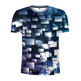 Мужская футболка 3D спортивная с принтом 3D куб в Кировске, 100% полиэстер с улучшенными характеристиками | приталенный силуэт, круглая горловина, широкие плечи, сужается к линии бедра | абстракция | геометрия | квадраты | металлический | синие | стальные | текстура | фигуры