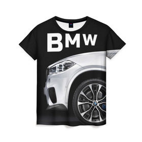 Женская футболка 3D с принтом BMW белая в Кировске, 100% полиэфир ( синтетическое хлопкоподобное полотно) | прямой крой, круглый вырез горловины, длина до линии бедер | Тематика изображения на принте: bmw | x3 x4 x5 x6 x7 x8 | авто | автомобиль | блатная | бмв | бумер | бэха | иномарка | концерн | красивая | крутая | марка немецкая | машина | пацанский таз | прикольная | тачила | тачка