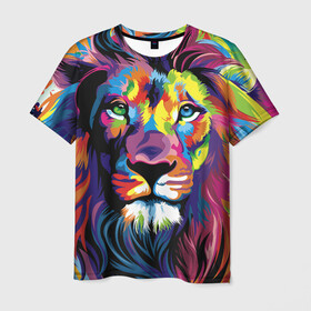 Мужская футболка 3D с принтом Красочный лев в Кировске, 100% полиэфир | прямой крой, круглый вырез горловины, длина до линии бедер | Тематика изображения на принте: краски | красочный лев | рисунок | узор