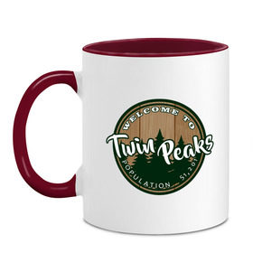 Кружка двухцветная с принтом Twin Peaks в Кировске, керамика | объем — 330 мл, диаметр — 80 мм. Цветная ручка и кайма сверху, в некоторых цветах — вся внутренняя часть | twin peaks твин пикс | девид линч | лес | лора палмер | сова | туман