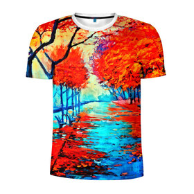 Мужская футболка 3D спортивная с принтом Autumn в Кировске, 100% полиэстер с улучшенными характеристиками | приталенный силуэт, круглая горловина, широкие плечи, сужается к линии бедра | 3d | вода | деревья | другие | желтый | живопись | картинка | краски | листья | осень | пейзаж | прикольные | природа | река | рисунок | яркие