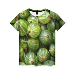 Женская футболка 3D с принтом Крыжовник в Кировске, 100% полиэфир ( синтетическое хлопкоподобное полотно) | прямой крой, круглый вырез горловины, длина до линии бедер | еда | зеленый | крыжовник | растения | текстура | фрукты | ягоды