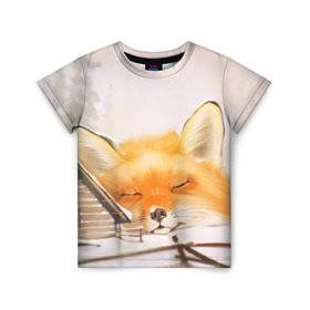 Детская футболка 3D с принтом Сон в Кировске, 100% гипоаллергенный полиэфир | прямой крой, круглый вырез горловины, длина до линии бедер, чуть спущенное плечо, ткань немного тянется | Тематика изображения на принте: fox | red | лиса | лисенок | рыжая