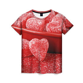 Женская футболка 3D с принтом Мармеладные сердца в Кировске, 100% полиэфир ( синтетическое хлопкоподобное полотно) | прямой крой, круглый вырез горловины, длина до линии бедер | еда | конфеты | красный | мармелад | сердечки | сладости