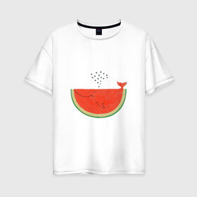 Женская футболка хлопок Oversize с принтом Кит Арбуз в Кировске, 100% хлопок | свободный крой, круглый ворот, спущенный рукав, длина до линии бедер
 | арбуз | иллюзия | кит | лето | море | океан | принт | рыба | семечки | фонтан | фрукты | ягоды