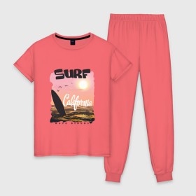 Женская пижама хлопок с принтом Surf California в Кировске, 100% хлопок | брюки и футболка прямого кроя, без карманов, на брюках мягкая резинка на поясе и по низу штанин | 