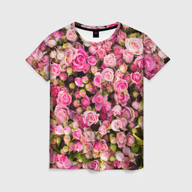 Женская футболка 3D с принтом Розовый рай в Кировске, 100% полиэфир ( синтетическое хлопкоподобное полотно) | прямой крой, круглый вырез горловины, длина до линии бедер | Тематика изображения на принте: бутон | лепестки | роза | розовый | розочка | цветок | цветы