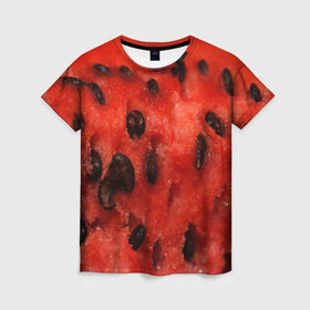 Женская футболка 3D с принтом Арбуз 3 в Кировске, 100% полиэфир ( синтетическое хлопкоподобное полотно) | прямой крой, круглый вырез горловины, длина до линии бедер | арбуз | еда | косточки | красный | растения | фрукты | ягода