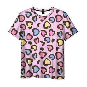 Мужская футболка 3D с принтом Леопардовые сердечки в Кировске, 100% полиэфир | прямой крой, круглый вырез горловины, длина до линии бедер | Тематика изображения на принте: животные | леопард | леопардовый | принт | розовый | сердечко | сердце | текстура
