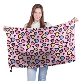 Флаг 3D с принтом Леопардовые сердечки в Кировске, 100% полиэстер | плотность ткани — 95 г/м2, размер — 67 х 109 см. Принт наносится с одной стороны | животные | леопард | леопардовый | принт | розовый | сердечко | сердце | текстура