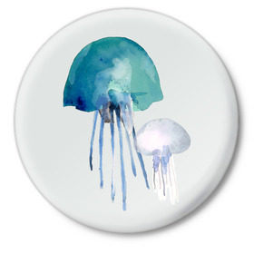 Значок с принтом Медуза в Кировске,  металл | круглая форма, металлическая застежка в виде булавки | Тематика изображения на принте: акварель | медуза | море | океан