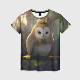 Женская футболка 3D с принтом Волшебная Сова в Кировске, 100% полиэфир ( синтетическое хлопкоподобное полотно) | прямой крой, круглый вырез горловины, длина до линии бедер | owl | мудрость | птица | сова | филин