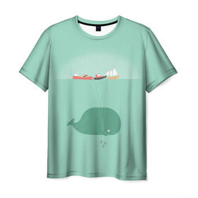 Мужская футболка 3D с принтом Кит с корабликами в Кировске, 100% полиэфир | прямой крой, круглый вырез горловины, длина до линии бедер | Тематика изображения на принте: кит | корабли | лодки | море | океан | шарики | якорь | якоря
