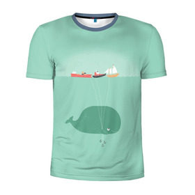 Мужская футболка 3D спортивная с принтом Кит с корабликами в Кировске, 100% полиэстер с улучшенными характеристиками | приталенный силуэт, круглая горловина, широкие плечи, сужается к линии бедра | кит | корабли | лодки | море | океан | шарики | якорь | якоря