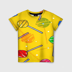 Детская футболка 3D с принтом Леденец в Кировске, 100% гипоаллергенный полиэфир | прямой крой, круглый вырез горловины, длина до линии бедер, чуть спущенное плечо, ткань немного тянется | Тематика изображения на принте: желтая | чупа чупс | яркая | ярт