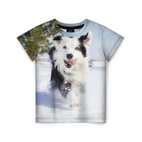 Детская футболка 3D с принтом Snow в Кировске, 100% гипоаллергенный полиэфир | прямой крой, круглый вырез горловины, длина до линии бедер, чуть спущенное плечо, ткань немного тянется | dog | бордер | бордер колли | колли | пес | собака