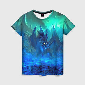 Женская футболка 3D с принтом Синий дракон в Кировске, 100% полиэфир ( синтетическое хлопкоподобное полотно) | прямой крой, круглый вырез горловины, длина до линии бедер | 3d | арт | горы | дракон | другие | животные | картинка | лед | небо | пейзаж | прикольные | природа | рисунок | синий | фантастика | яркие