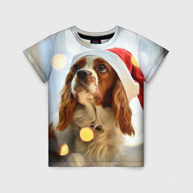 Детская футболка 3D с принтом Рождество в Кировске, 100% гипоаллергенный полиэфир | прямой крой, круглый вырез горловины, длина до линии бедер, чуть спущенное плечо, ткань немного тянется | dog | кавалер кинг чарльз спаниель | новый год | пес | рождество | собака