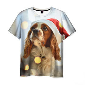 Мужская футболка 3D с принтом Рождество в Кировске, 100% полиэфир | прямой крой, круглый вырез горловины, длина до линии бедер | dog | кавалер кинг чарльз спаниель | новый год | пес | рождество | собака