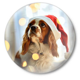 Значок с принтом Рождество в Кировске,  металл | круглая форма, металлическая застежка в виде булавки | dog | кавалер кинг чарльз спаниель | новый год | пес | рождество | собака