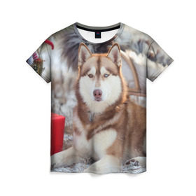 Женская футболка 3D с принтом Хаски в Кировске, 100% полиэфир ( синтетическое хлопкоподобное полотно) | прямой крой, круглый вырез горловины, длина до линии бедер | dog | лабрадор | мопс | пес | собака | такса | хаски | щеночек