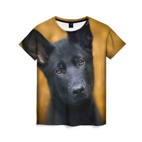 Женская футболка 3D с принтом Doggy в Кировске, 100% полиэфир ( синтетическое хлопкоподобное полотно) | прямой крой, круглый вырез горловины, длина до линии бедер | dog | овчарка | пес | собака | черная овчарка | щеночек