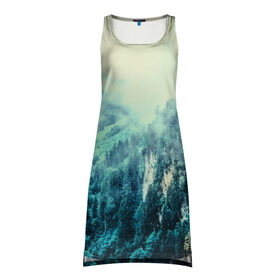 Платье-майка 3D с принтом Туманный лес в Кировске, 100% полиэстер | полуприлегающий силуэт, широкие бретели, круглый вырез горловины, удлиненный подол сзади. | 3d | горы | деревья | другие | лес | лето | пейзаж | прикольные | природа | туман | холм | цветные | яркие