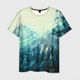 Мужская футболка 3D с принтом Туманный лес в Кировске, 100% полиэфир | прямой крой, круглый вырез горловины, длина до линии бедер | 3d | горы | деревья | другие | лес | лето | пейзаж | прикольные | природа | туман | холм | цветные | яркие