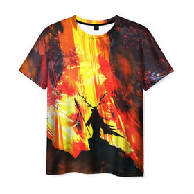 Мужская футболка 3D с принтом Колдун в Кировске, 100% полиэфир | прямой крой, круглый вырез горловины, длина до линии бедер | волшебник | вулкан | горы | камни | копьё | лава | огонь | пламя | рога | фантастика | шаман