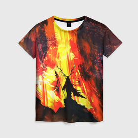 Женская футболка 3D с принтом Колдун в Кировске, 100% полиэфир ( синтетическое хлопкоподобное полотно) | прямой крой, круглый вырез горловины, длина до линии бедер | волшебник | вулкан | горы | камни | копьё | лава | огонь | пламя | рога | фантастика | шаман