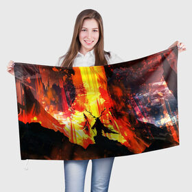 Флаг 3D с принтом Колдун в Кировске, 100% полиэстер | плотность ткани — 95 г/м2, размер — 67 х 109 см. Принт наносится с одной стороны | волшебник | вулкан | горы | камни | копьё | лава | огонь | пламя | рога | фантастика | шаман