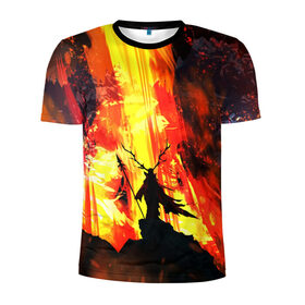 Мужская футболка 3D спортивная с принтом Колдун в Кировске, 100% полиэстер с улучшенными характеристиками | приталенный силуэт, круглая горловина, широкие плечи, сужается к линии бедра | волшебник | вулкан | горы | камни | копьё | лава | огонь | пламя | рога | фантастика | шаман