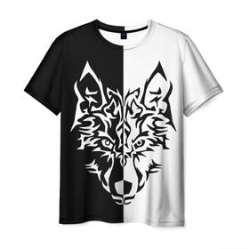 Мужская футболка 3D с принтом Двуликий волк в Кировске, 100% полиэфир | прямой крой, круглый вырез горловины, длина до линии бедер | монохромный | тату | черно белый