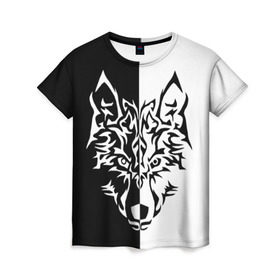 Женская футболка 3D с принтом Двуликий волк в Кировске, 100% полиэфир ( синтетическое хлопкоподобное полотно) | прямой крой, круглый вырез горловины, длина до линии бедер | монохромный | тату | черно белый
