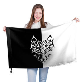 Флаг 3D с принтом Двуликий волк в Кировске, 100% полиэстер | плотность ткани — 95 г/м2, размер — 67 х 109 см. Принт наносится с одной стороны | монохромный | тату | черно белый