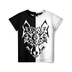 Детская футболка 3D с принтом Двуликий волк в Кировске, 100% гипоаллергенный полиэфир | прямой крой, круглый вырез горловины, длина до линии бедер, чуть спущенное плечо, ткань немного тянется | монохромный | тату | черно белый